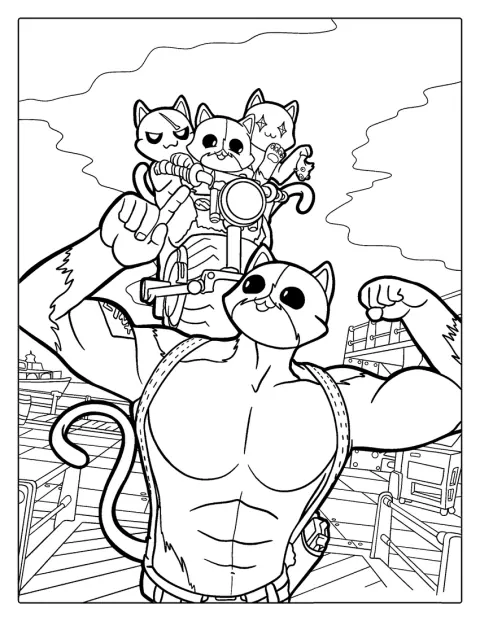Meowscles posa con su musculoso cuerpo y su aspecto felino.