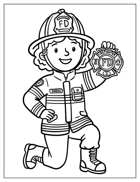 Ein Feuerwehrmädchen hält stolz ein Abzeichen in der Hand.
