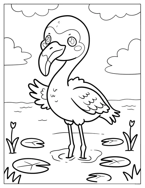 Suloinen chibi-flamingo seisoo vedessä.