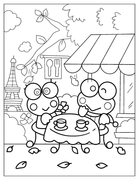 Keroppi y Keroleen pasean juntos por París durante una cita.