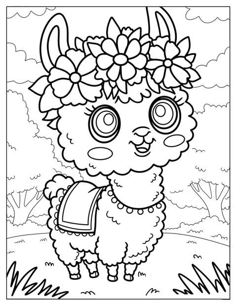 En søt lama har på seg sal og blomsterkrans.