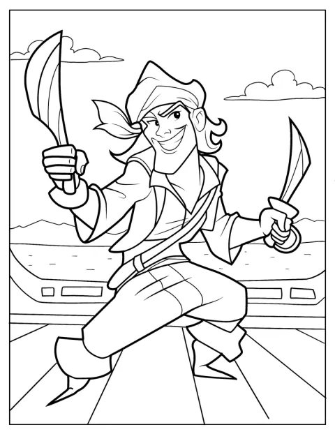 Pirate Coloring Page Holding Up Two Daggers For Kids