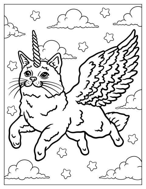 Un gatto unicorno vola nel cielo con le sue grandi ali spiegate.