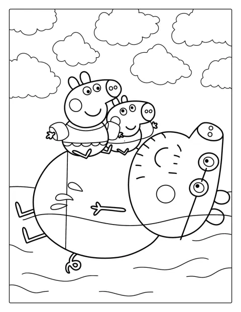 Peppa și George se joacă pe plajă alături de Daddy Pig.
