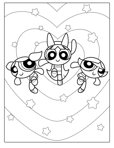 As Powerpuff Girls aparecem junto de um coração.