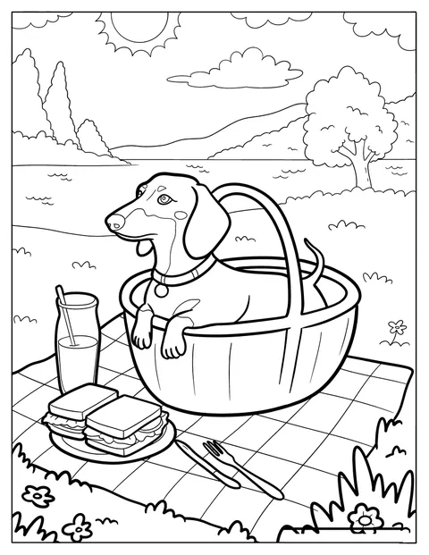 Ein Dackel sitzt in einem Picknickkorb mit Sandwiches und Saft im sonnigen Park.