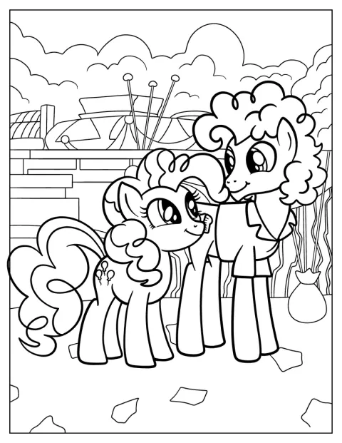 Pinkie Pie sorri para Cheese Sandwich, que está à sua frente.