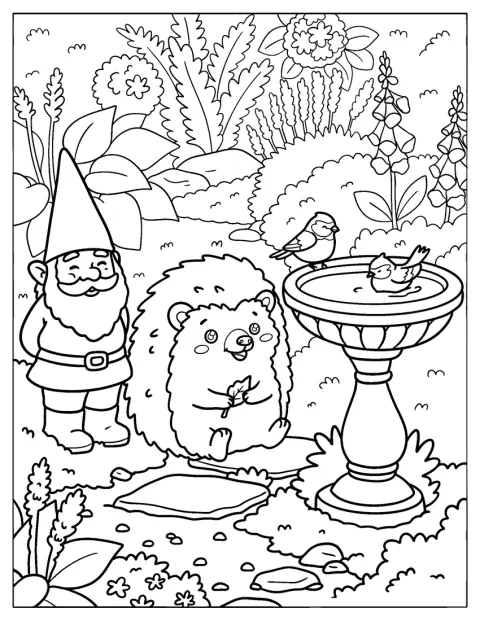 ハリネズミが庭で小人の隣に座っています。