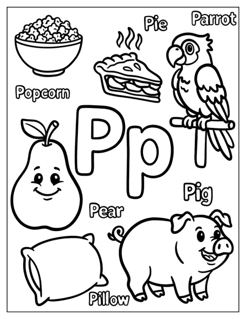Przy literze P znajdują się popcorn, ciasto, papuga, poduszka, świnia i gruszka.