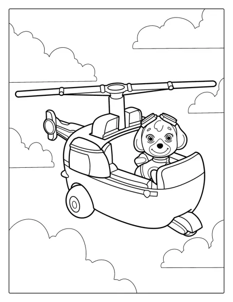Skye din Paw Patrol pilotează un elicopter.