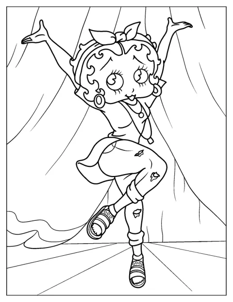 Vêtue d’habits rétro, Betty Boop se tient sur une scène.