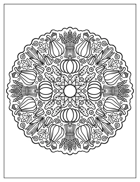 Una calabaza, espigas de trigo y bellotas forman un mandala otoñal de Halloween.