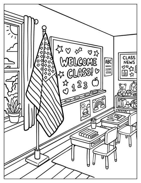 American Flag Displayed in a Classroom Coloring Page