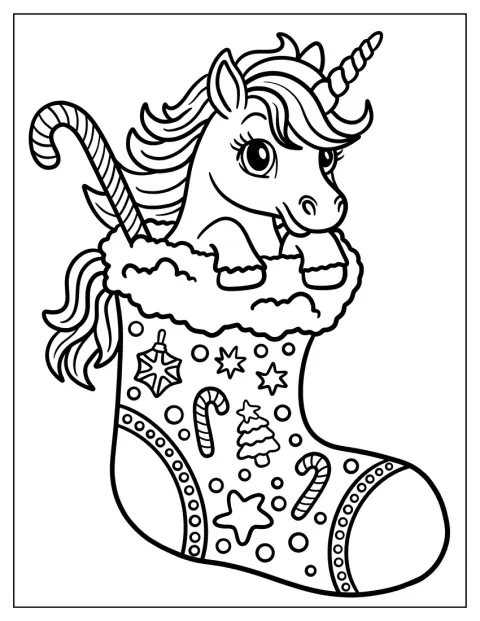 Un unicornio asoma de un calcetín rodeado de bastones de caramelo y adornos.