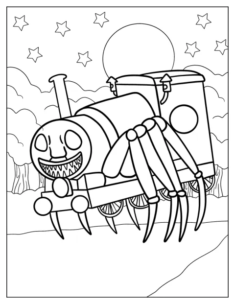 Choo Choo Charles aparece en un dibujo de contornos simples.