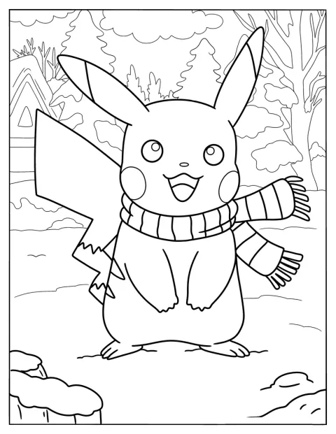 Pikachu pitää kaulassaan huivia lumisessa talvimaisemassa.