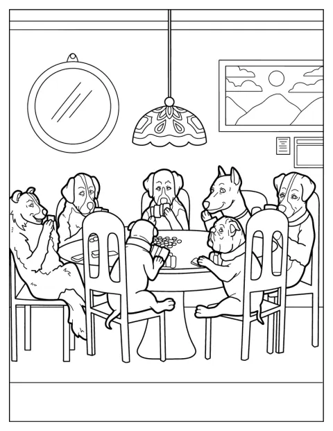 Am Pokertisch sitzen mehrere Hunde mit Karten und Chips.