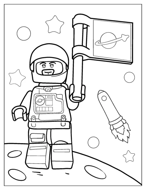 Uma figura LEGO vestida de astronauta encontra-se na superfície lunar.