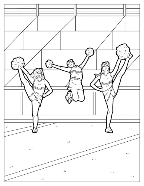 Tres animadoras hacen acrobacias con sus pompones.