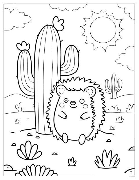 Ježek sedí vedle vysokého kaktusu saguaro v poušti.