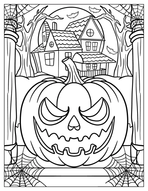 Straszna dynia stoi na pierwszym planie przed nawiedzonym domem.