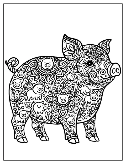 Un mandala elaborato intreccia motivi di maiali, maialini e fiori.