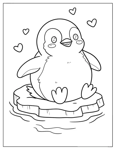 Een lachende babypinguïn staat op het poolijs met hartjes om zich heen.
