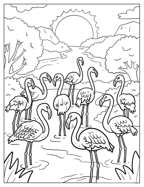 Useita flamingoja seisoo joen rannalla.