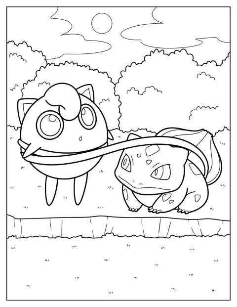 Bulbasaur podnosi Jigglypuffa nad ziemię.
