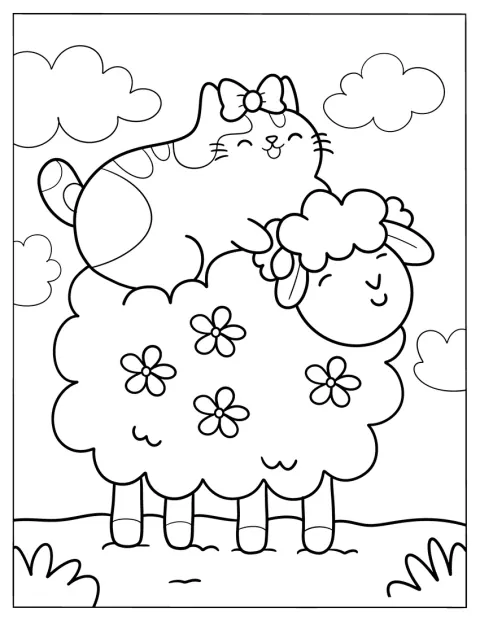 En søt katt sitter på ryggen til en fluffy sau.