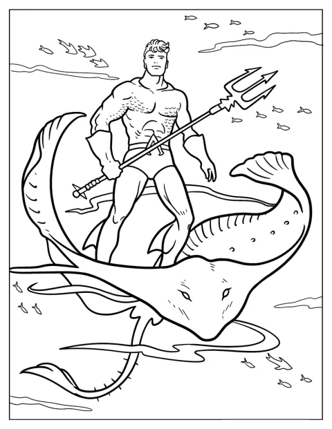 Aquaman Coloring Page Holding his Trident While Riding A Manta Ray