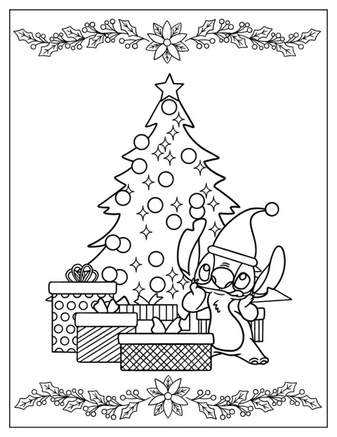 スティッチがクリスマスツリーの下に立ち、プレゼントに囲まれています。