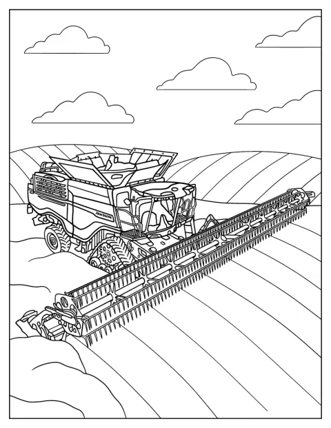 Dans les champs, une moissonneuse-batteuse John Deere récolte les cultures.