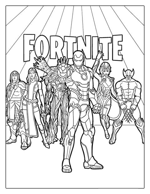 Iron Man, Groot und weitere Marvel-Figuren stehen gemeinsam in einer Fortnite-Szene.
