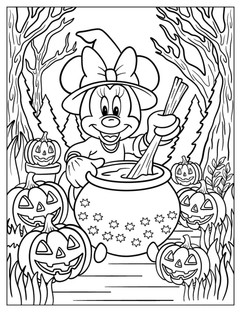 Minnie, vestida de bruja, remueve un caldero en un bosque encantado.