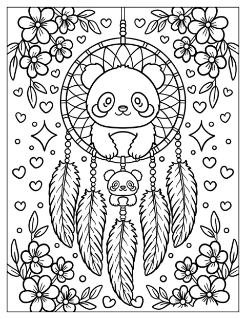 Ein Panda ziert einen Traumfänger mit Perlen und Federn vor einem Hintergrund aus Blumen.