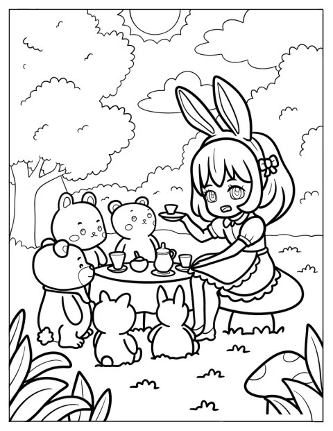 Dans une clairière ensoleillée, des personnages chibi partagent un goûter avec des animaux.