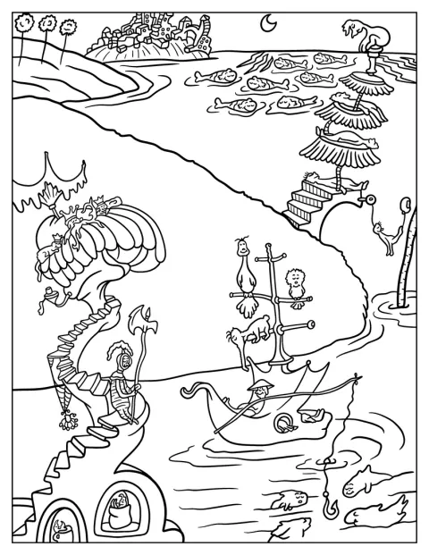 Ett detaljerat omslag till Dr. Seuss's Sleep Book visar bokens fantasifulla figurer.