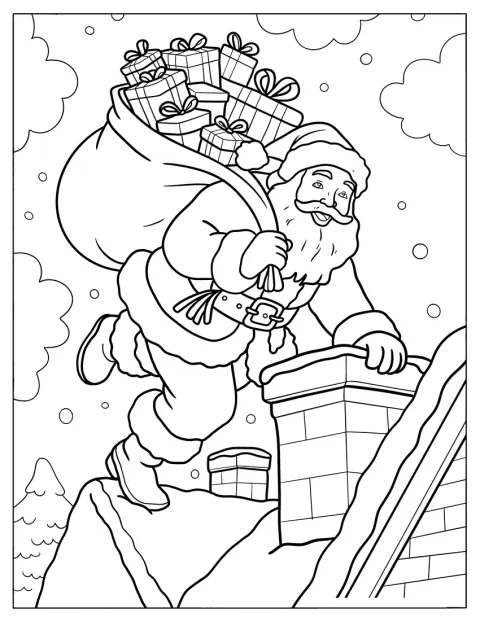 Jolly Santa Landing on a Snowy Roof with Presents