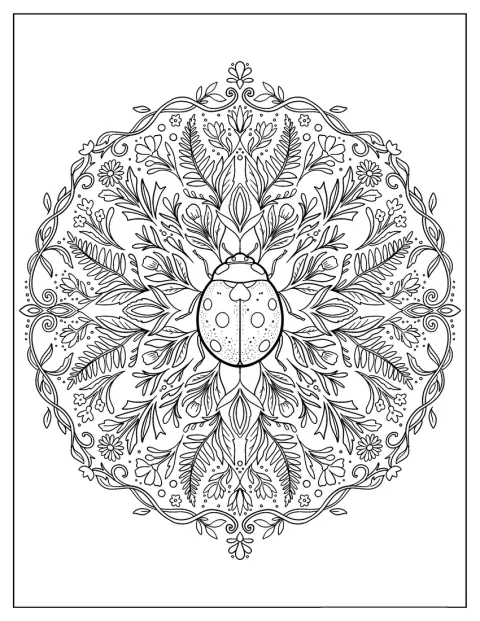 En marihøne sitter midt i en elegant mandala av blomster.