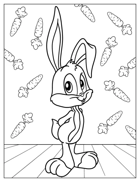 Bugs Bunny apparaît en personnage chibi, avec de grandes oreilles et un petit corps.