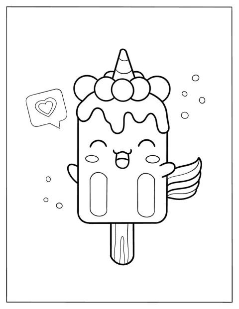 Um gelado em forma de unicórnio tem um coração junto à cara.