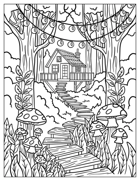きのこが並ぶ小道の先に、森の小屋が建っています。