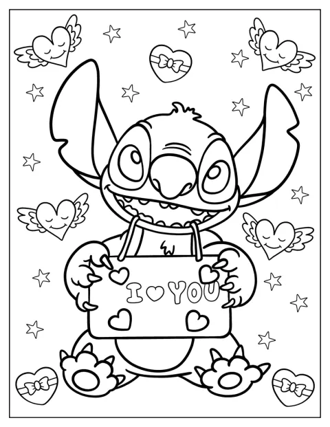 Stitch hält zum Valentinstag ein Schild mit den Worten „I Love You“.