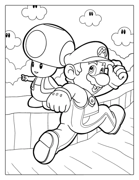 Super Mario è insieme a Toad, che gli sta accanto.
