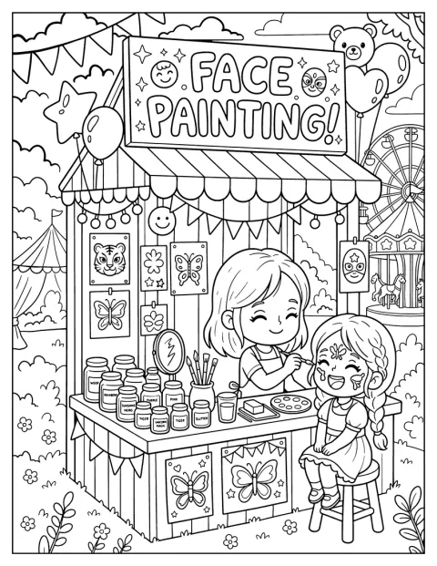 Face Painting Booth at a Carnival with Makeup and Children Coloring Sheet