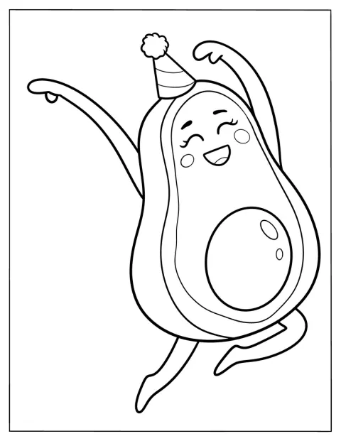 Met een feesthoed op danst een blije avocado.