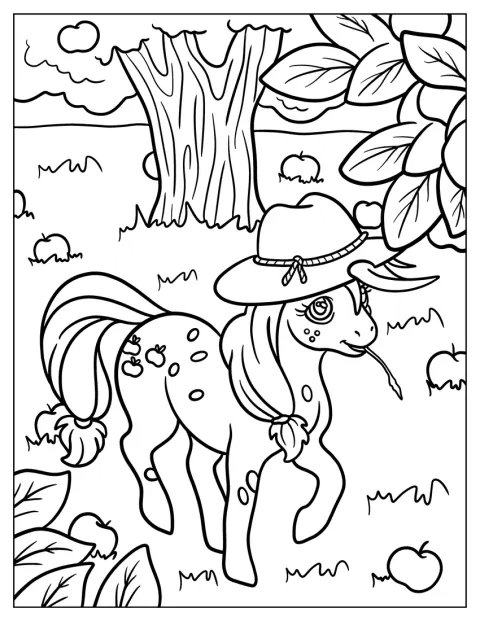 Genom äppelodlingen promenerar Applejack mellan träden.