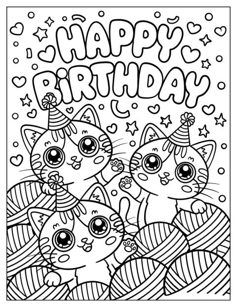 Des chatons festifs jouent avec des pelotes de laine en portant des chapeaux de fête.
