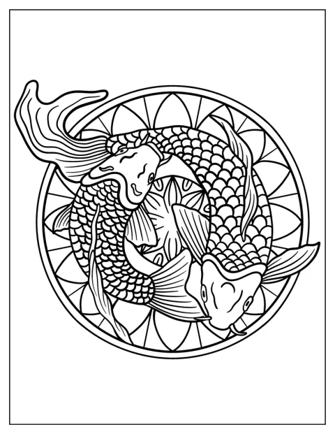 Peixes koi com escamas detalhadas nadam em círculo, formando o símbolo Yin e Yang.